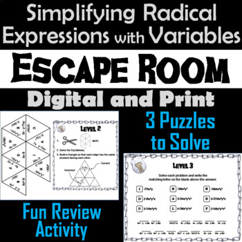 Preview of Simplifying Radical Expressions with Variables Activity Escape Room Math Game