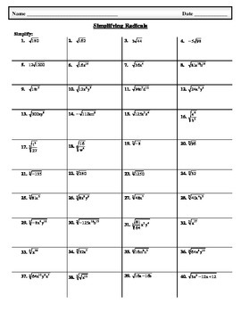 Simplify Radicals Worksheet / Simplifying Radicals With Exponents Page