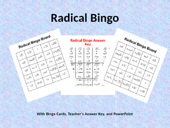 Preview of Simplifying Radicals Bingo with Bingo Cards and PowerPoint