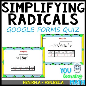 Preview of Simplifying Radicals- GOOGLE Forms Quiz - 20 Problems