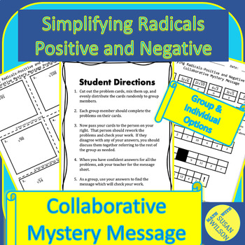 Preview of Simplifying Radicals Positive and Negative Individual or Group Message Puzzle