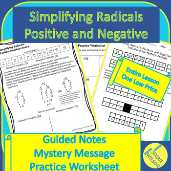 Preview of Simplifying Radicals-Positive and Negative Lesson-Notes, Puzzle, and Practice