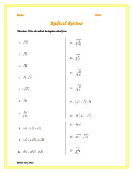 Preview of Simplifying Radicals Practice Worksheet