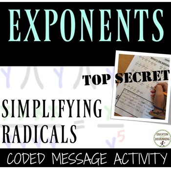 Preview of Simplifying Radicals Activity Coded Message for fractional exponents