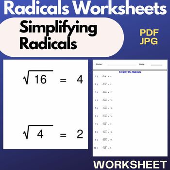 Preview of Simplifying Radicals -  Radicals Worksheets - Simplify the Radicals