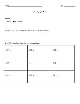 Preview of Simplifying Radicals Refresher Worksheet