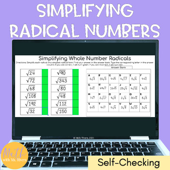 Preview of Simplifying Radicals Square Roots Digital Self Checking Activity for Algebra 1