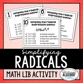 Preview of Simplifying Radicals (Square Roots Only, with Variables)  | Math Lib Activity