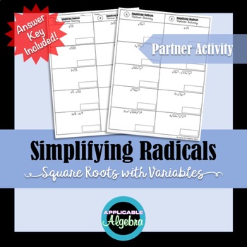 Preview of Simplifying Radicals - Square Roots with Variables - Partner Activity