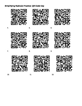 Simplifying Radicals and Fractional Exponents Worksheet with QR coded key
