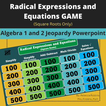 Preview of Simplifying Radicals and Solving Square Root Equations PowerPoint Jeopardy Game