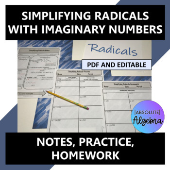 Preview of Simplifying Radicals with Imaginary Numbers Notes Practice Homework Editable