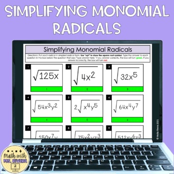 Preview of Simplifying Radicals with Variables Self Checking Digital Worksheet Algebra 1
