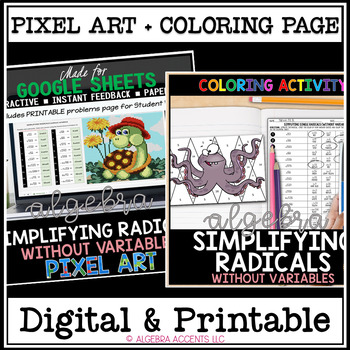 Preview of Simplifying Radicals without Variables Coloring Printable and Digital Pixel Art