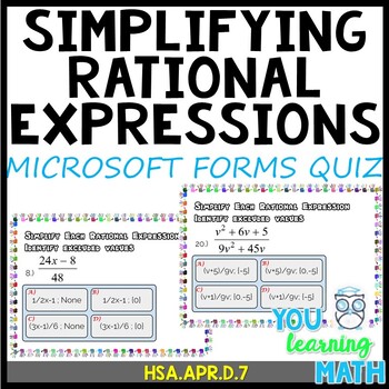 Preview of Simplifying Rational Expressions - Microsoft OneDrive Forms Quiz - 20 Problems