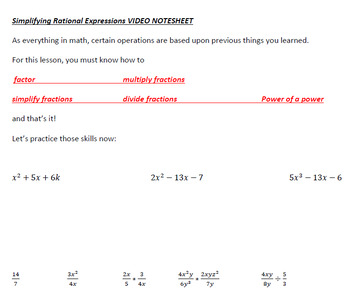 Preview of Simplifying Rational Expressions VIDEO and ACCOMPANYING NOTESHEET