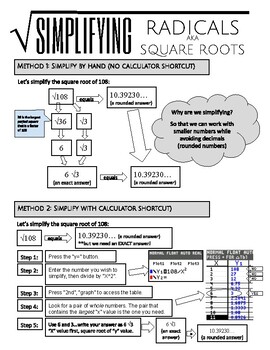 Preview of Simplifying Square Roots Radicals Printable Poster/Handout/Cheat Sheet