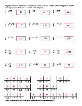 Simplifying Square Roots Worksheet with Puzzle by Leffler's Math Class