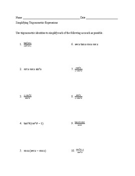 Preview of Simplifying Trig Expressions with Identities Packet with Answer Key