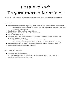 Preview of Simplifying Trigonometric Expressions (Pass Around Activity)
