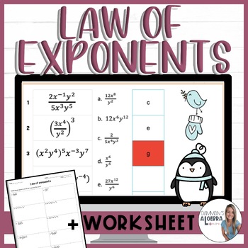Preview of Simplifying algebraic expression using the Law of Exponents - self-checking