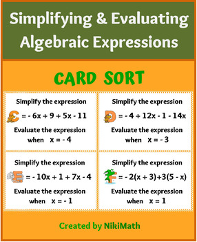 Preview of Simplifying and Evaluating Algebraic Expressions - Card Sort (26 cards)