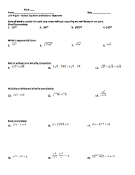 Preview of Simplifying and Solving Radical Functions - Unit Quiz