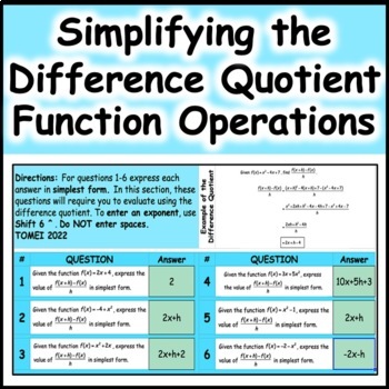 Preview of Simplifying the Difference Quotient and Functions Operations
