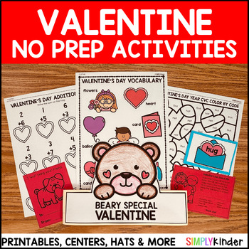 Preview of Valentines Day NO PREP Activities Packet Kindergarten, Craft, Writing,Math, Read