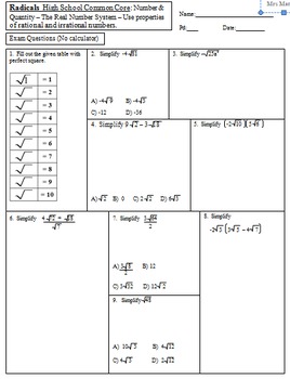 Preview of Simplying Radical Expressions Exam Questions (Mrs Math)