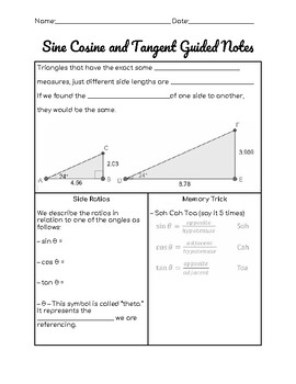 Preview of Sine, Cosine, & Tangent Guided Notes