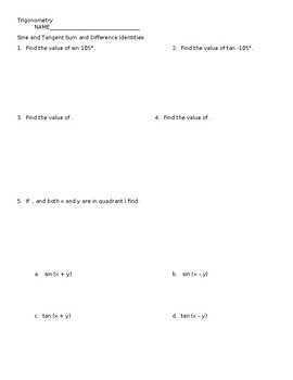 Preview of Sine and Tangent Sum and Difference Identities Worksheet and Answers