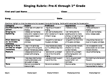 Preview of Singing Rubric for Choir, Voice, Vocal, Music, Evaluation, Assessment