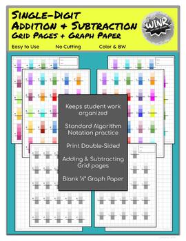 Preview of Single-Digit Addition & Subtraction Grid Pgs in COLOR & BW + 1/2" Graph Paper