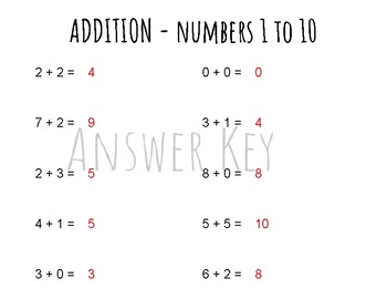 Preview of Single Digit Addition Worksheet 1-10 with Answer Key