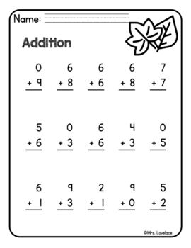 Single Digit Addition Worksheets | Fall by Mrs Lovelace | TPT