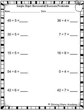 Single Digit Horizontal Division Without Remainders Worksheet Problems Math