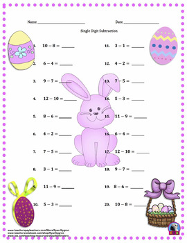 Single Digit Subtraction - Easter Themed Worksheets - Horizontal