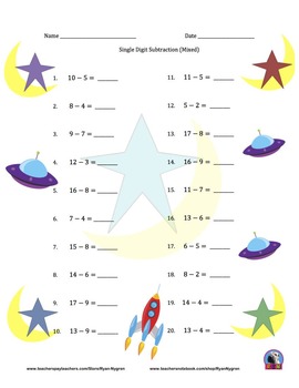 space subtraction worksheet