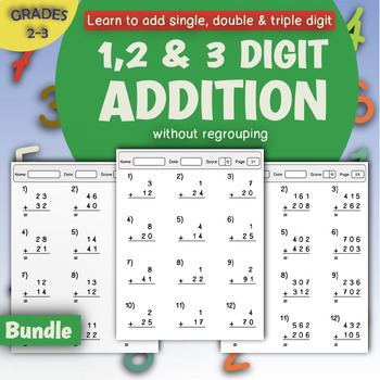 Single Double & Triple Digit Addition Worksheets Without Regrouping 2-3 ...