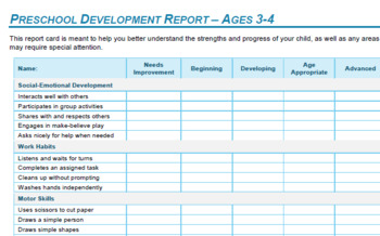 Single-Page Preschool Progress Report Ages 3-4 Summary by JessicaTLP