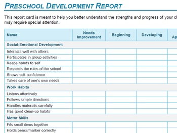 Single-Page Preschool Progress Report Summary by JessicaTLP | TpT