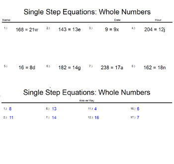 Preview of Single Step Equations Pages 1-15, and 16-30.
