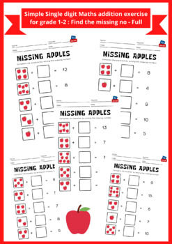 Preview of Single digit Maths addition exercise for grade 1-2 : Find the missing number