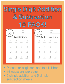 Preview of Single digit addition and subtraction worksheets! (10 pack)