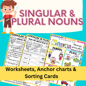 Preview of Singular & Plural Nouns Worksheets, Anchor Charts, Sorting Chart & Puzzles