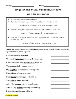 Student S Name: - Date: - Score: Grammar 1 Possessive 'S: Singular and  Plural Write The Apostrophe (') in The Correct Position, PDF