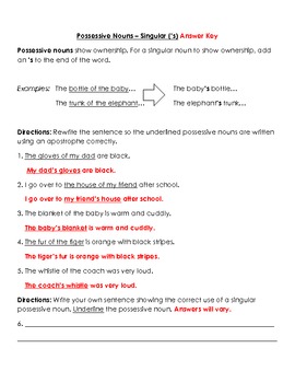 Nouns: Singular Possessive Nouns (Rewrite the Sentence) Worksheet and Key