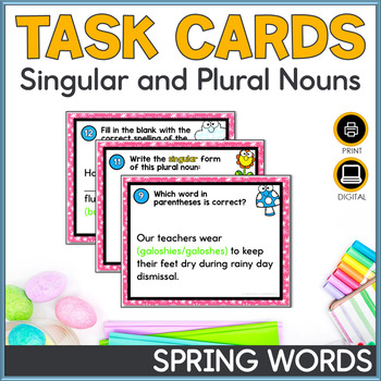 Preview of Singular and Plural Noun Task Cards - Spring Words