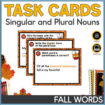 Preview of Singular and Plural Nouns Fall Words Task Cards Activity for Centers + Practice